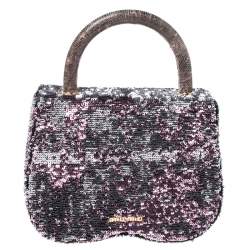 Miu Miu Pink/Silver Sequins and Lizard Round Metal Flap Top Handle Bag