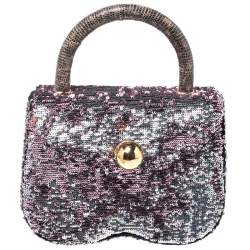 Miu Miu Pink/Silver Sequins and Lizard Round Metal Flap Top Handle Bag