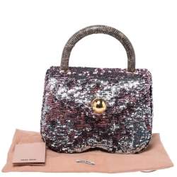 Miu Miu Pink/Silver Sequins and Lizard Round Metal Flap Top Handle Bag