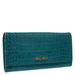 Miu Miu Turquoise Croc Embossed Patent Leather Flap Continental Wallet
