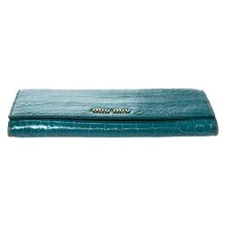 Miu Miu Turquoise Croc Embossed Patent Leather Flap Continental Wallet