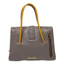 Miu Miu Mustard/Grey Madras Leather Push Lock Top Handle Bag