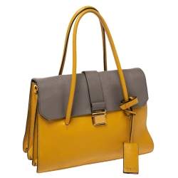 Miu Miu Mustard/Grey Madras Leather Push Lock Top Handle Bag