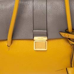 Miu Miu Mustard/Grey Madras Leather Push Lock Top Handle Bag