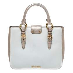 مملوكة مسبقًا Miu Miu White/Metallic Peach Leather Madras Tote
