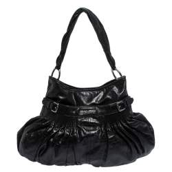 Pre Owned Miu Miu Black Pleated Leather Buckle Hobo