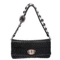 Pre Owned Miu Miu Black Matelasse Leather Crystal Shoulder Bag