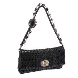 Pre Owned Miu Miu Black Matelasse Leather Crystal Shoulder Bag