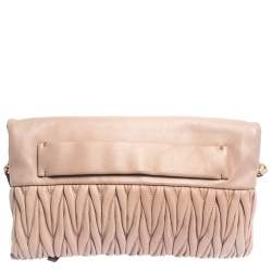 Pre Owned Miu Miu Pale Pink Matelasse Leather Fold Over Clutch Bag