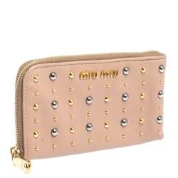 Miu Miu Beige Leather Studded Zip Wallet