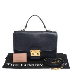 Pre Owned Miu Miu Dark Blue Madras Leather Push Lock Flap Top Handle Bag