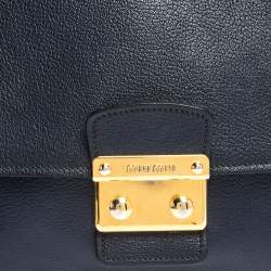 Pre Owned Miu Miu Dark Blue Madras Leather Push Lock Flap Top Handle Bag