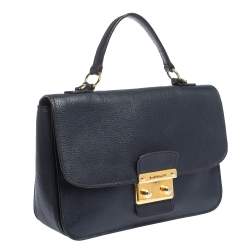 Pre Owned Miu Miu Dark Blue Madras Leather Push Lock Flap Top Handle Bag