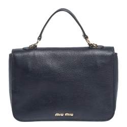 Pre Owned Miu Miu Dark Blue Madras Leather Push Lock Flap Top Handle Bag