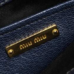 Pre Owned Miu Miu Dark Blue Madras Leather Push Lock Flap Top Handle Bag