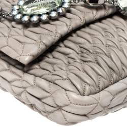 Miu Miu Two Tone Grey Matelassé Leather Crystal Flap Shoulder Bag