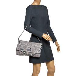 Miu Miu Two Tone Grey Matelassé Leather Crystal Flap Shoulder Bag