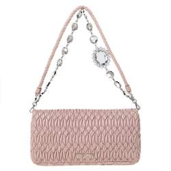 Pre Owned Miu Miu Pink Matelassé Leather Crystal Flap Shoulder Bag
