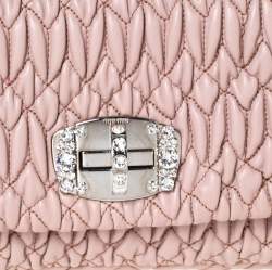 Pre Owned Miu Miu Pink Matelassé Leather Crystal Flap Shoulder Bag
