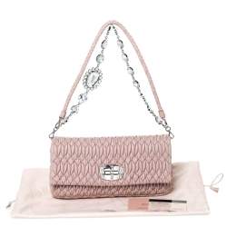 Pre Owned Miu Miu Pink Matelassé Leather Crystal Flap Shoulder Bag