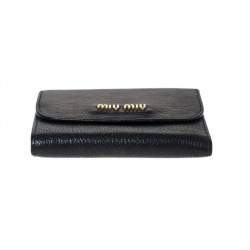 Pre Owned Miu Miu Black Leather Madras Compact Wallet