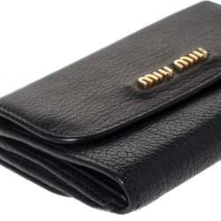 Pre Owned Miu Miu Black Leather Madras Compact Wallet