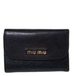 Pre Owned Miu Miu Black Leather Madras Compact Wallet