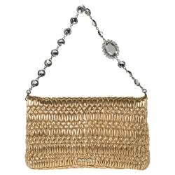 Miu Miu Metallic Gold Matelassé Leather Crystal Flap Shoulder Bag
