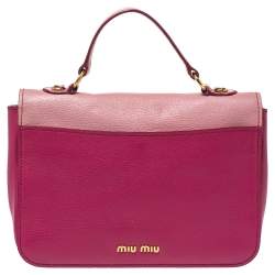 Pre Owned Miu Miu Two Tone Pink Madras Leather Push Lock Flap Top Handle Bag