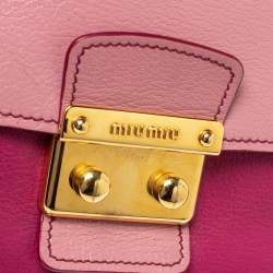 Pre Owned Miu Miu Two Tone Pink Madras Leather Push Lock Flap Top Handle Bag