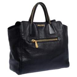 Miu Miu Black Madras Leather Studded Handle Tote