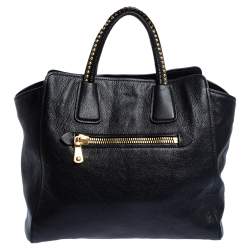 Miu Miu Black Madras Leather Studded Handle Tote