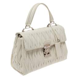 Pre Owned Miu Miu White Matelassé Leather Flap Top Handle Bag