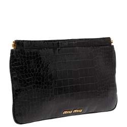Pre Owned Miu Miu Black Croc Embossed Patent Leather Frame Clutch