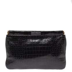Pre Owned Miu Miu Black Croc Embossed Patent Leather Frame Clutch