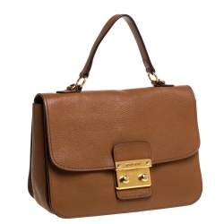 Pre Owned Miu Miu Brown Madras Leather Push Lock Flap Top Handle Bag
