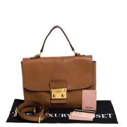 Pre Owned Miu Miu Brown Madras Leather Push Lock Flap Top Handle Bag