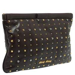 Pre Owned Miu Miu Dark Brown Leather Studded Clutch