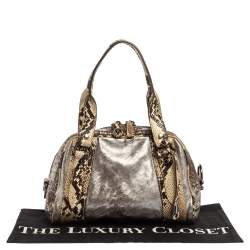 Miu Miu Silver/Cream Leather and Python Zip Satchel