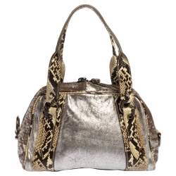 Miu Miu Silver/Cream Leather and Python Zip Satchel