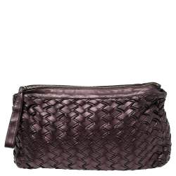 Pre Owned Miu Miu Plum Woven Soft Leather Zip Clutch
