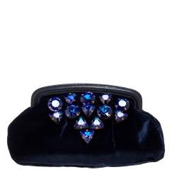 مملوكة مسبقًا Miu Miu Navy Blue Velvet Crystal Embellished Clutch