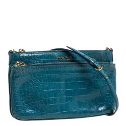Pre Owned Miu Miu Blue Croc Embossed Leather Crossbody Bag