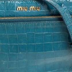 Pre Owned Miu Miu Blue Croc Embossed Leather Crossbody Bag