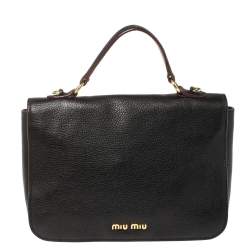 Pre Owned Miu Miu Black Madras Leather Push Lock Flap Top Handle Bag