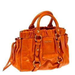 Pre Owned Miu Miu Orange Vitello Lux Leather Gathered Tote