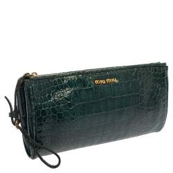 Pre Owned Miu Miu Green Croc Embossed Leather Wristlet Clutch
