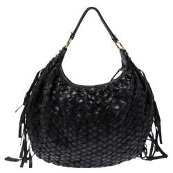 Pre Owned Miu Miu Black Woven Leather Fringe Hobo