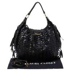 Pre Owned Miu Miu Black Woven Leather Fringe Hobo