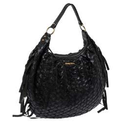 Pre Owned Miu Miu Black Woven Leather Fringe Hobo